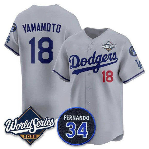 Los Angeles Dodgers #18 Yoshinobu Yamamoto Gray BUTLER 2025 World Series With No. 34 Patch Limited Stitched Jersey
