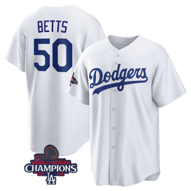 Los Angeles Dodgers #50 Mookie Betts White BUTLER 2024 World Series Champions Cool Base Stitched Jersey