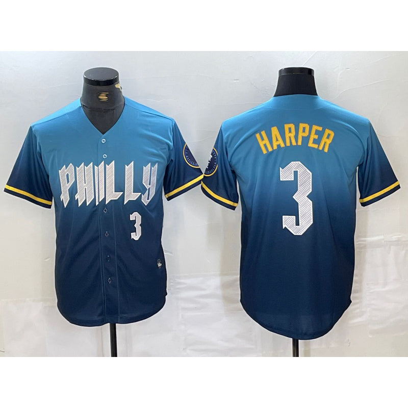 Philadelphia Phillies #3 Bryce Harper Number Blue BUTLER 2024 City Connect Limited Stitched Jersey