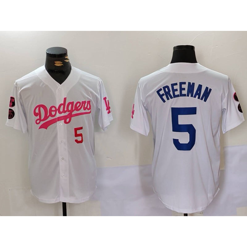 Los Angeles Dodgers #5 Freddie Freeman White Pink BUTLER Vin & Kobe Patch Stitched Jerseys