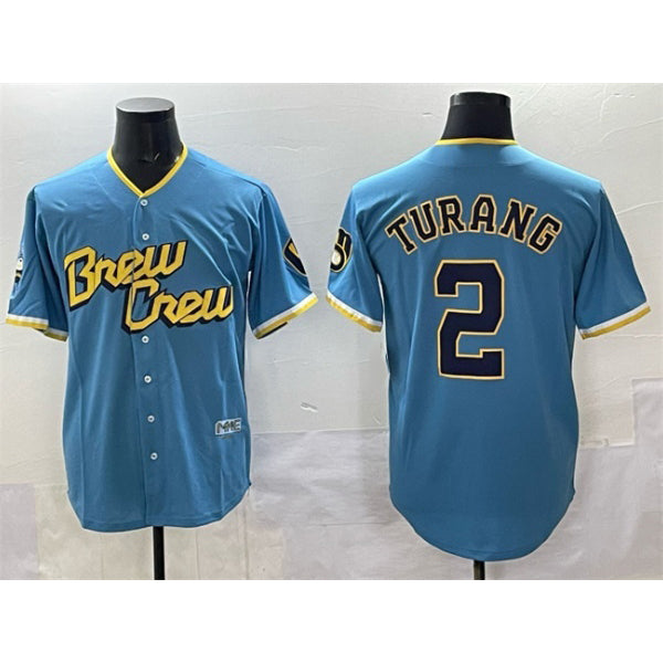 Milwaukee Brewers #2 Brice Turang Powder Blue BUTLER City Connect Cool Base Stitched Jersey