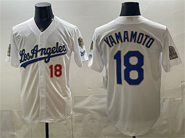 Los Angeles Dodgers #18 Yoshinobu Yamamoto White BUTLER 2026 Gold Collection 9x & B2B Champs Patch Stitched Jersey
