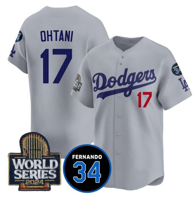 Los Angeles Dodgers #17 Shohei Ohtani Grey BUTLER 2024 World Series With Fernando Memorial Patch Limited Stitched Jersey