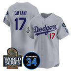 Los Angeles Dodgers #17 Shohei Ohtani Grey BUTLER 2024 World Series With Fernando Memorial Patch Limited Stitched Jersey