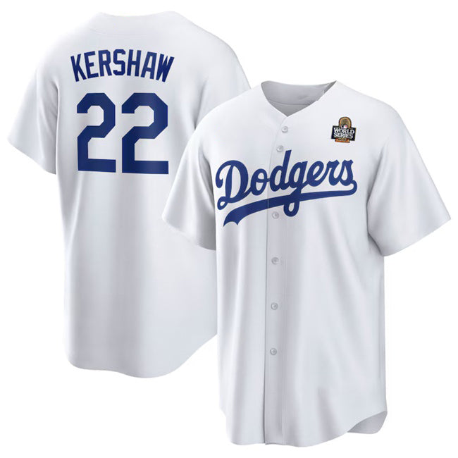 Los Angeles Dodgers #22 Clayton Kershaw White BUTLER 2024 World Series Cool Base Stitched Jersey