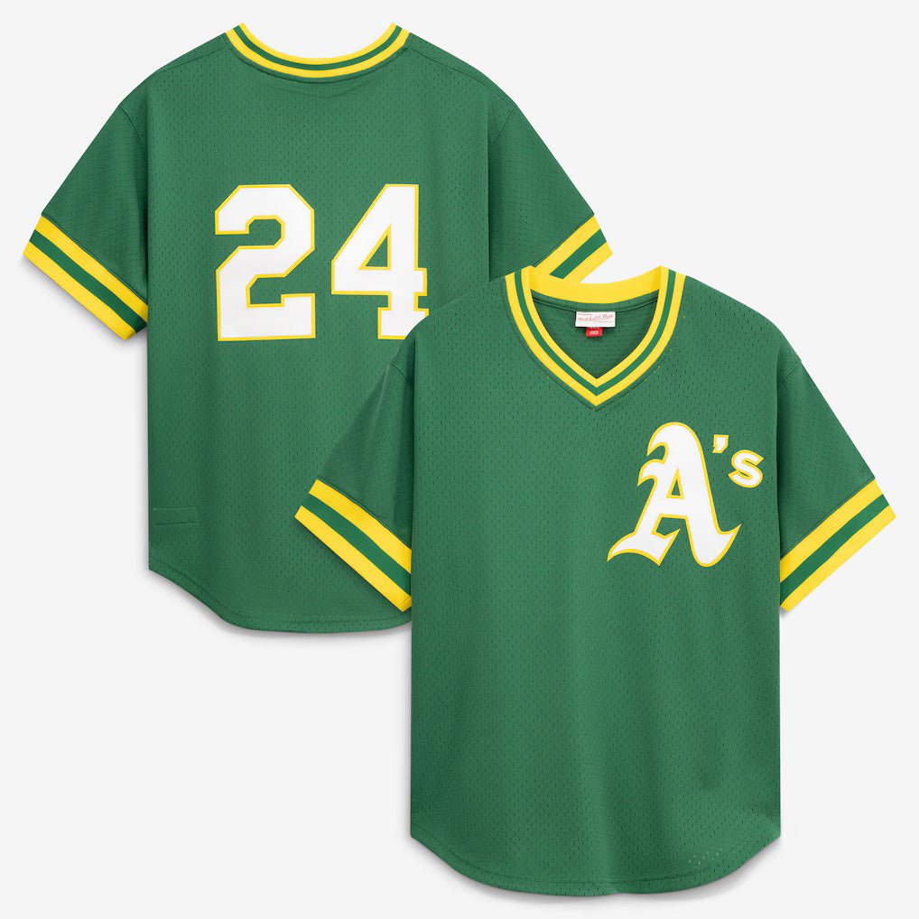 Oakland Athletics #24 Rickey Henderson Mitchell & Ness Green BUTLER Authentic Batting Practice Jersey 2