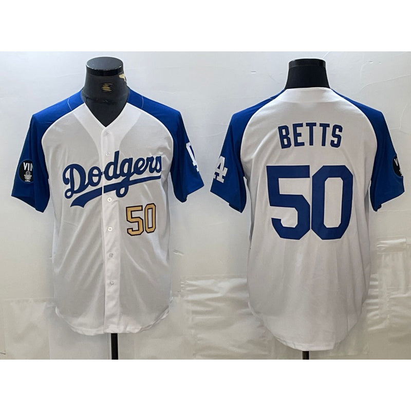 Los Angeles Dodgers #50 Mookie Betts Number White Blue BUTLER Fashion Stitched Cool Base Limited Jersey 3