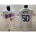 Los Angeles Dodgers #50 Mookie Betts White BUTLER With American Flag Patch Limited Stitched Jersey